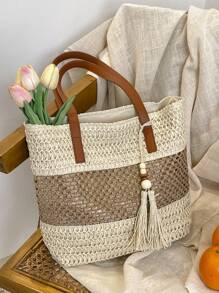 1pc New Fashionable Vacation Style Women Beach Tote Bag, Lightweight Handwoven Straw Shoulder Bag With Contrast Stripes, Tassel Decor, Casual Woven Handbag, Zipper Closure, Perfect For Holiday And Travel