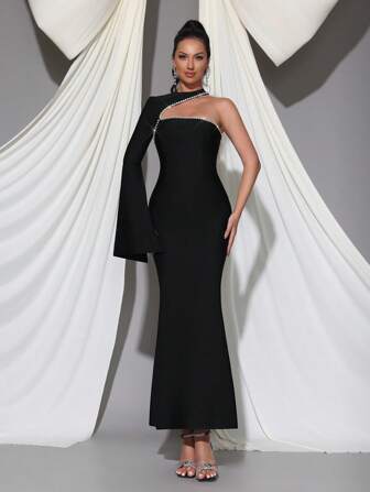 Modphy New Sexy Flare Sleeve Handmade Rhinestone Fitted Long Bandage Black Dress, Wedding Guest Dress For Women Wedding, Evening Party, Festival, Formal Dress,Gown