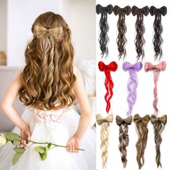3.7 英寸波浪半蝴蝶结夹式马尾接发，适合女孩儿童耐热合成自然波浪带蝴蝶结马尾假发配件