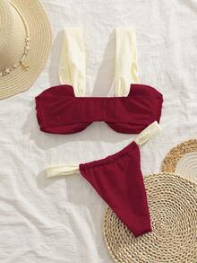 全新柔软加厚肩带优雅派对比基尼套装，女士夏季沙滩时尚泳装 - 酒紅色 - 查看 2