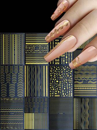 12片装3D金色美甲贴纸 - 闪亮几何线条美甲贴纸，自粘式，独特的法式美甲设计，光泽亮丽，梦幻图案 - 送给爱美人士的理想礼物