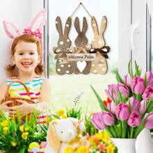 1 件复活节木制壁挂牌匾标志复活节兔子欢迎门标志花环装饰春季复活节室内户外家庭农舍门廊装饰，乡村木质前门标志复活节兔子春季悬挂木标志复活节主题派对装饰