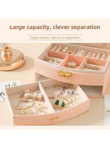 1pc Elegant Fan-Shaped 2-Layer Faux Leather Jewelry Box With Lock, Makeup Mirror, Large Capacity Dual-Option Necklace, Earring, Ring Storage, Soft Drawer, Ideal Gift For Women And Girls