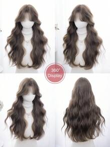 1 合成耐热、波浪假发棕色假发，26 英寸长，分叉刘海，由纤维制成，适合日常使用，减龄自然逼真假发（不含配件）