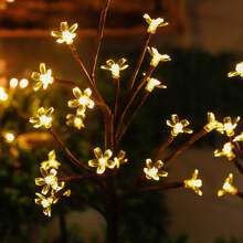 1pc Solar Double-Layer Lotus Cherry Blossom Branch Light, Solar LED Ground Plug-In Solar Lawn Light, Outdoor Waterproof Courtyard Light, Suitable For Outdoor Fences, Courtyards, Terraces, And Tree Decoration Scene Atmosphere Layout, Outdoor Garden Lighting For Pathway, Yard, Patio