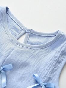 少女夏季休闲平纹针织蝴蝶结背心和裤子两件套 - 藍色 - 查看 4