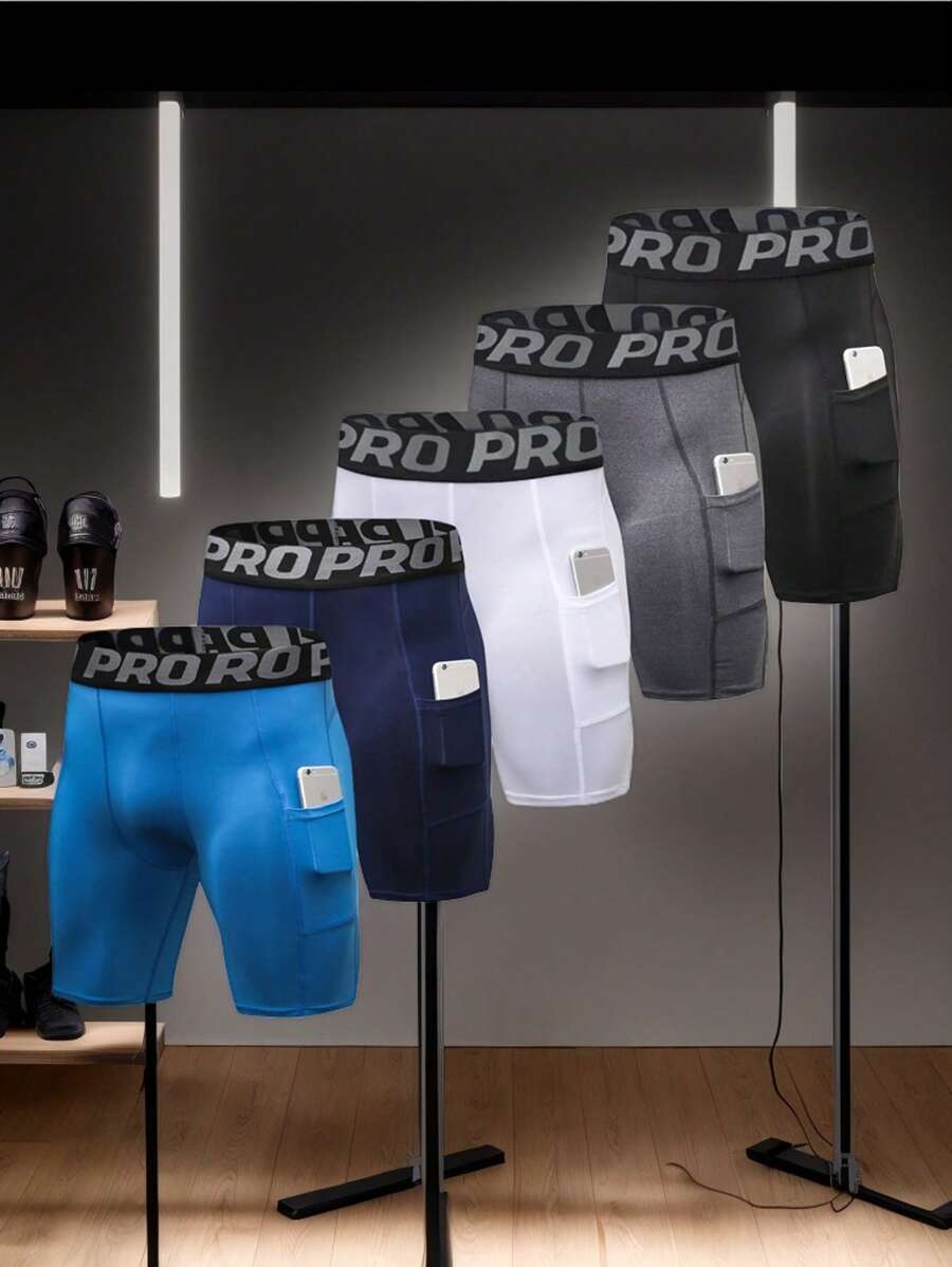 5 Pack Mens Compression Shorts Sports Running Quick Dry Shorts Compression With Pocket Spandex Underwear Men Tights - Màu xanh lam - Xem 1