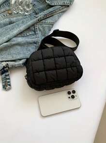 1 件时尚纯色褶皱云斜挎包，轻盈保暖，带衬里，拉链开合，女式绗缝腰肩胸钱包，节日主题，可手洗 - 黑色 - 查看 5