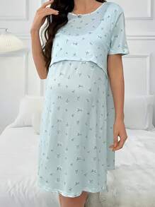 Maternity Floral & Leaf Print Loose Fit Casual Round Neck Short Sleeve Dress/Nightgown Suitable For Both Indoor & Outdoor Wear, Spring/Summer