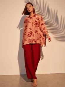 Oversized Shirt & Pants Matching Set Women 2 Pieces Red Print Pants Set - Red - View 5