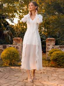QUNGIGU Women's Boho Flowy Maxi Dress - Flounce Collar & Bell Sleeves With Thigh Slit, Beach Vacation Dress For Summer, V-Neck Party Outfit