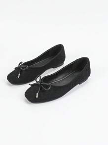 Crocodile Embossed Bow Decor Ballet Flats, Black Elegant Bowknot Solid Color Ballet Flats For Women Valentines