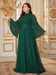 SUPGIR Plus Crew Neck Pleated Long Sleeve Waist-Defined Luxurious Appliques Embellished Olive Green Elegant Dress, Wedding Guest Dress, Party Dress, Formal Dress, Evening Dress,Gown - Dark Green - View 4