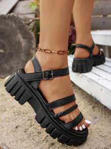 Women's Simple Fashion Strap Woven Sandals, Goddess-Style Wedge Thick Bottom Casual Slip-On Shoes Suitable For Outdoor Walking, Beach, Plus Size