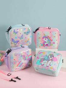 Cartoon Unicorn & Butterfly Lunch Bag, Kids Crossbody Bento Box Bag, Transparent Sequin Handbag Food Container - Pink - View 2