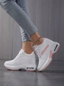 Women's Platform Sneakers With Air Cushion, Lace-Up Casual Walking Shoes, Height Increased Fashion Outdoor Sneakers - White Powder - View 3