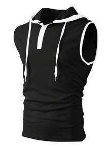 1pc Men's Black Hooded Sports Tank Top, Comfortable & Skin-Friendly, Pullover Style Casual Sports Vest