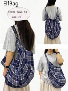 Geantă de umăr cu model carouri albastre, geantă crossbody pentru femei, practică minimalistă ocazională, geantă pliabilă de capacitate mare, țesătură ușoară, moale, multifuncțională, design cu fermoar, potrivită pentru muncă, studiu, călătorii, unisex