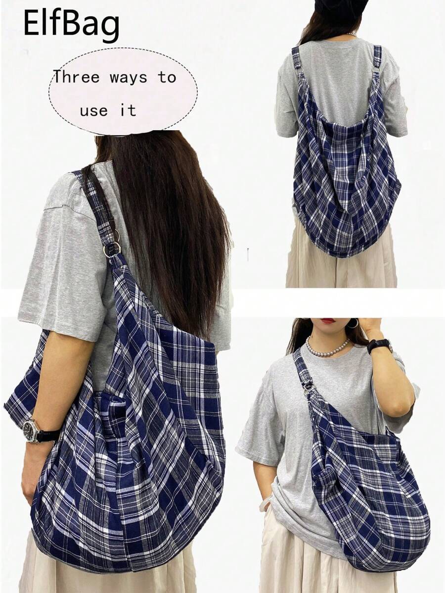 Geantă de umăr cu model carouri albastre, geantă crossbody pentru femei, practică minimalistă ocazională, geantă pliabilă de capacitate mare, țesătură ușoară, moale, multifuncțională, design cu fermoar, potrivită pentru muncă, studiu, călătorii, unisex