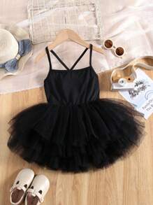 1pc Young Girls Cute Elegant Princess Sweet Academy Ballet Style Breathable Lightweight Tulle Strap Tutu Dress, Suitable For Party, Birthday, Celebration, Holiday, Performance, Banquet, All Seasons - Black - View 5