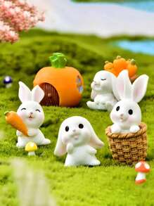 4 Pieces Set Of Charming White Rabbit Statues With Carrot And Mushroom Accents Perfect For Easter And Party Tabletop Decoration Plastic Is Perfect For Winter And New Year