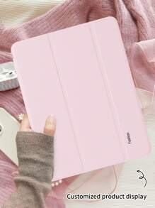 Customized Text Flat Tablet Case, Pink Solid Color, Suitable For IPad Mini4/Mini5/Mini6/Mini7, IPad A16 2025, Air 11 13 M2 M3 Pro 11 13 M4 2024, Air 4 5 10th 10.9, Pro 11 9th 8th 7th 10.2 4th 5th 6th Model A8, Customized Text, Tri-Fold Stand, Built-In Pencil Slot, Soft Edge Full Coverage, Minimalist Casual Classic TPU Soft Shell IPad Flip Tablet Case. Note: The Final Font Style Is Subject To The Physical Image, And There May Be Slight Color Differences. - Pink - View 5