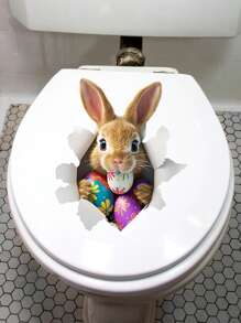 1 pièce Autocollant de décoration de salle de bain avec motif de lapin et d'œuf de Pâques, convient pour le siège des toilettes, le réservoir et l'embellissement de la salle de bain