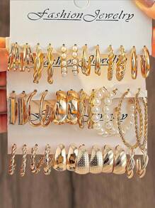 Set de 36-12 piezas de pendientes de aro con aleación y perlas falsas vintage para mujeres, estilo clásico de encaje abierto y versátil para uso diario - Dorado - Ver 2