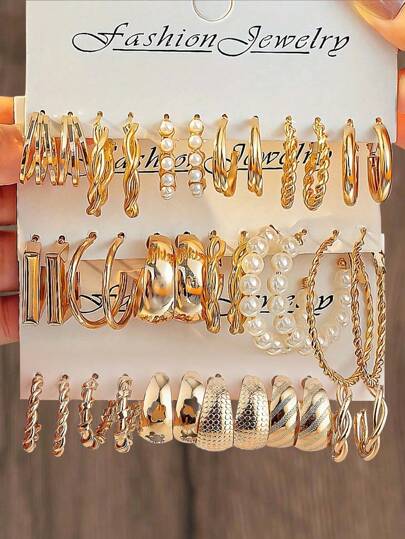 36-12 件/套复古合金和人造珍珠耳环套装，适合女士，经典镂空宽款，百搭日常珠宝