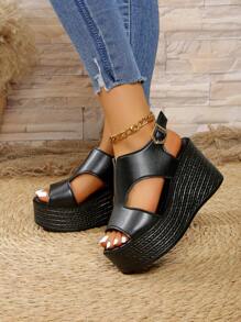 女士坡跟厚底凉鞋，黑色时尚个性化罗马鞋，带绑带，轻便透气露趾，加大码 - 黑色 - 查看 1