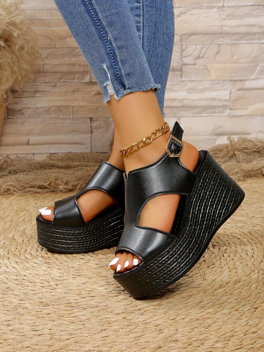 女士坡跟厚底凉鞋，黑色时尚个性化罗马鞋，带绑带，轻便透气露趾，加大码 - 黑色 - 查看 1
