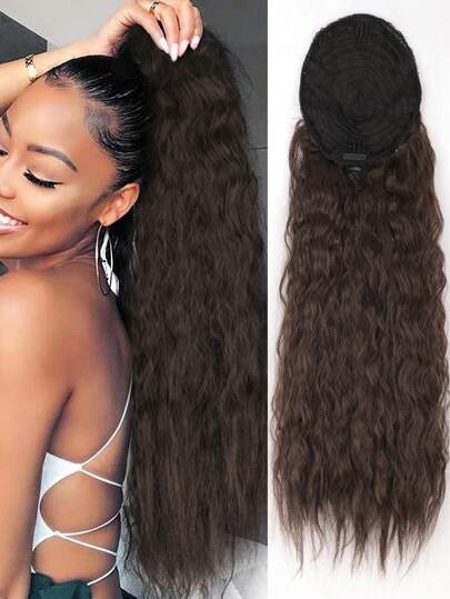 Long Darker Brown Drawstring Ponytail Extension For Women ,Long Wavy Pony Tails Hair Extensions,Synthetic Long Curly Wavy Clip In Ponytail Hair Extensions For Daily Party Use