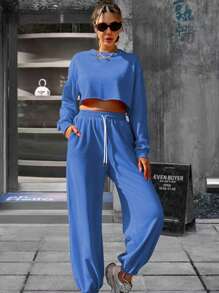 Ribbed Cotton Women's Long-Sleeved Sports Suit, College Style Spring And Summer New Two-Piece Set, Soft And Breathable Long-Sleeved Suit