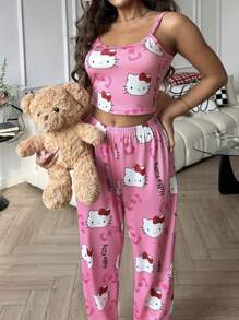 Sanrio 2 件套 Hello Kitty 印花女式吊带短款上衣 + 松紧腰直筒裤可爱睡衣套装 - 玫紅色 - 查看 5