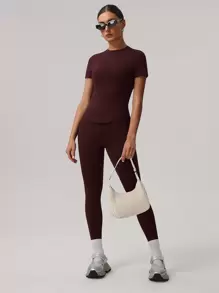 MASKERT Two Pieces Set Of Spring And Summer Women's Sports Suit, Short Sleeved Fitness Suit, Long Pants, Tight Running Suit, High Stretch Fitness Yoga Suit, Home Casual And Comfortable, Skin Friendly - 紅色 - 查看 1