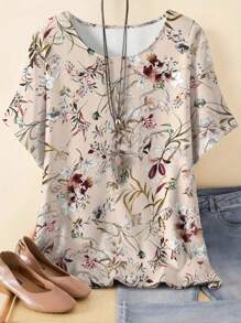 大码花卉印花 T 恤，休闲短袖圆领上衣，适合春夏季，女士大码 - 彩色 - 查看 1