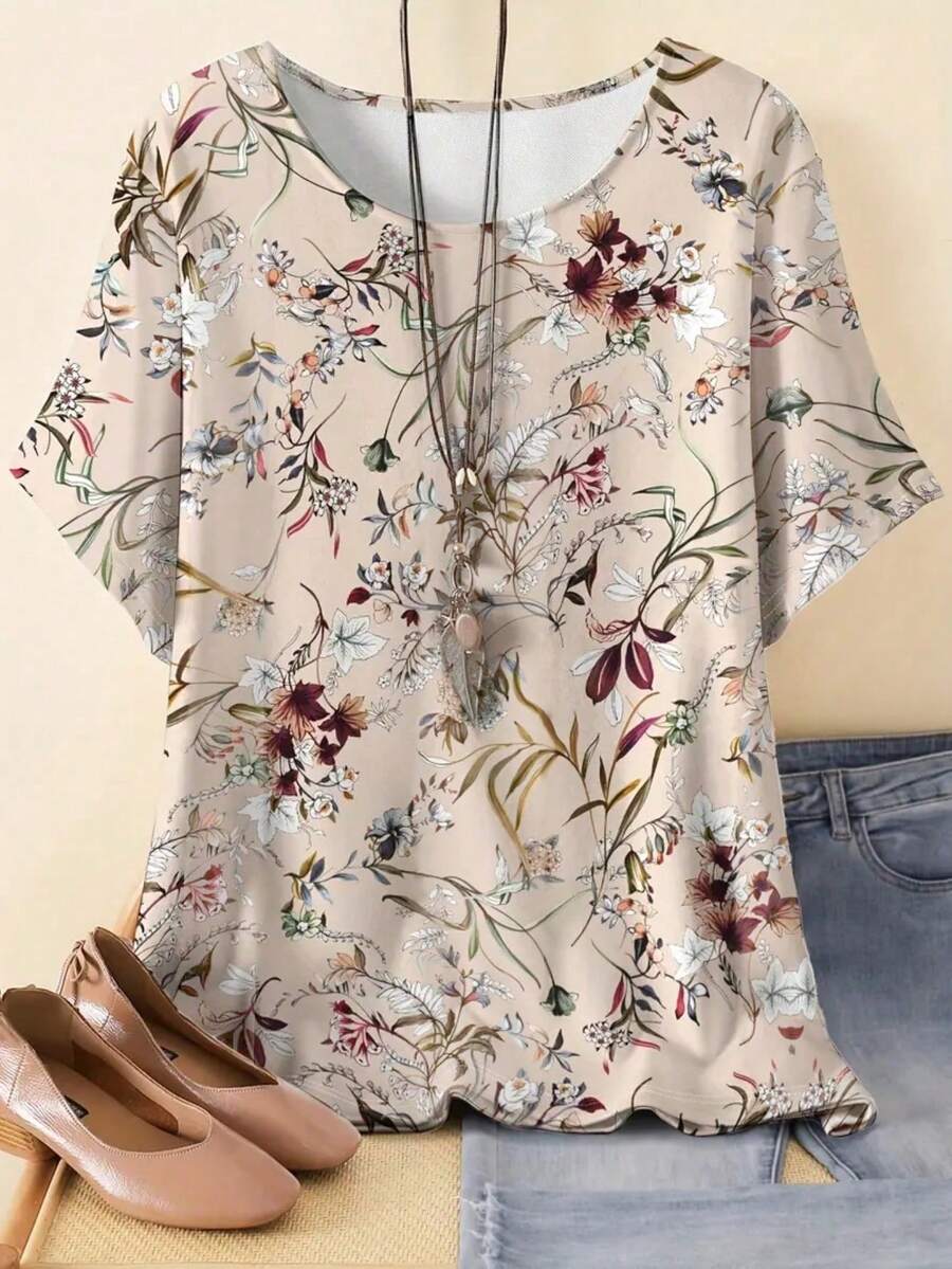 大码花卉印花 T 恤，休闲短袖圆领上衣，适合春夏季，女士大码 - 彩色 - 查看 1