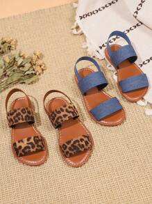 1 Pair Plus Size Baby/Toddler Girls' Flat Sandals, Solid Color Dual PU Straps Elastic Back Ankle Strap Round Toe Open Toe Comfortable Versatile Fashion Roman Sandals, Suitable For 3-15 Years Old Boys And Girls For Daily Casual, Travel And Vacation, Spring/Summer New Arrival - Blue - View 1