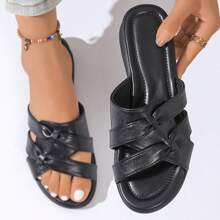 Sandalias planas de suela blanda de estilo casual para madres de talla grande - Negro - Ver 4
