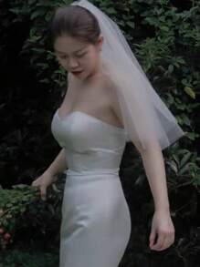 1pc Tulle A Double Layered Bridal Plain Style Short Headband,Wedding Dress For Bride - White - View 3