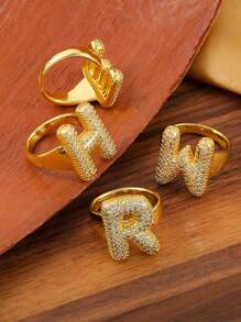 泡泡可爱 26 个字母戒指女士气球镀金锆石 A-Z 字母开口可调节戒指美观婚礼珠宝礼物