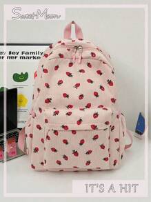 1 件草莓印花休闲轻便可折叠涤纶背包，带多个口袋，拉链开合，适合青少年、大学生、女性、日常通勤、购物、旅行、返校、毕业礼物
