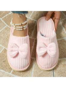 Fashionable New Striped Bow Slip-On Slippers, Comfortable Slip-On Shoes For Spring, Autumn And Winter - Pink - View 4
