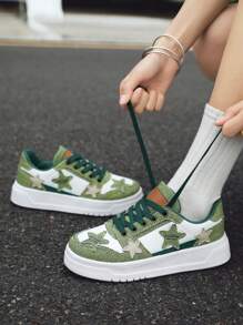 Star Print Casual Sneakers, Sports Shoes, Plus Size Women Shoes, Retro & - Green - View 6