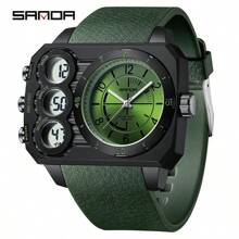SANDA. SANDA Square Dial Digital Watch For Men Military Army Countdown Sport Quartz Wristwatch Man Large Dial Silicone Multifunctional Chronograph Waterproof Male LED Clock