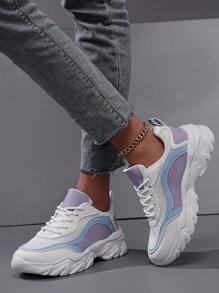 Colorful Leather Casual Sport Shoes, Comfortable, Fashionable, Lightweight, Women's Fashionable Breathable Casual Shoes, Low-Top Sneakers, Round Toe, Thick Sole, Lace-Up Closure, Student Running Shoes