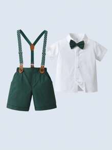 Junger Jungen Gentleman 2 Stück/set Kurzarmhemd Mit Umgedrehtem Kragen, Fliege Und Hosenträger Shorts, Perfekt Für Geburtstagsparty, Hochzeit, Show, Bankett, Usw.