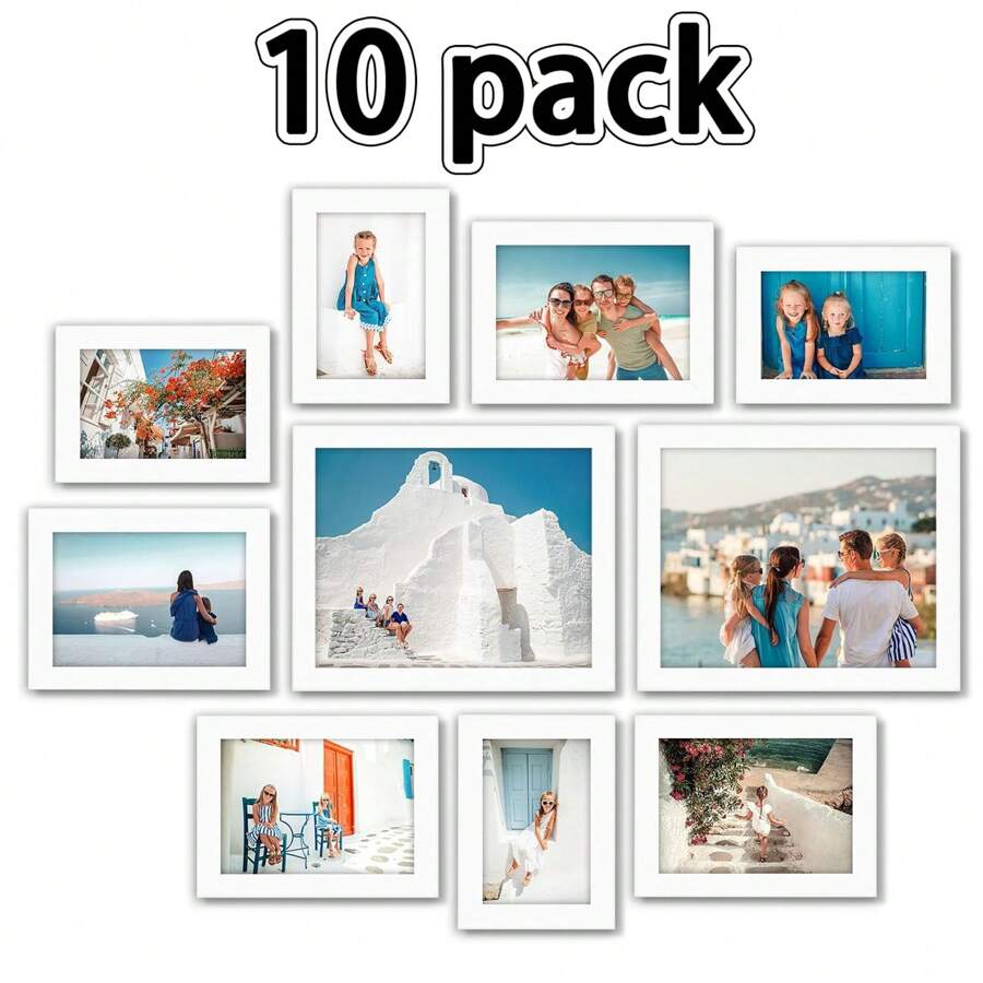 10-Piece Picture Frame Set, Can Hold 2 Photos 20 X 25 Cm, 4 Photos 13 X 18 Cm, 4 Photos 10 X 15 Cm, Suitable For Displaying On The Desk And Hanging On The Wall, Thick Canvas Stand In Artistic Style, DIY Picture Frame For Oil Painting And As Wall Decoration, Suitable For Decoration Of Home, Living Room, Office, Exquisite Bathroom, Party Gift, Couple, Festival, Wedding Decoration - 白色 - 查看 1