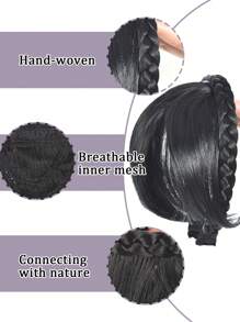Peluca con diadema con trenza de tres mechones y flequillo lateral, cabello sintético liso para mujeres