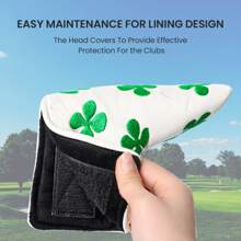 FINGER TEN 1 Pc PU Leather Four Leaf Clover Embroidered Golf Putter Head Covers, With Hook And Loop Fastener Closure - White - View 6